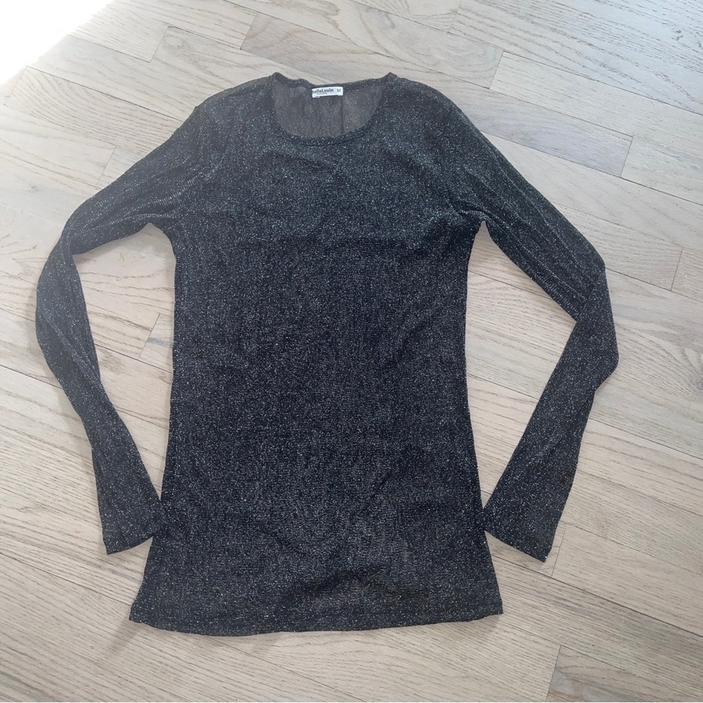 Belle Lovin Black Shimmer Sheer Top Ling Sleeve Medium NWOT